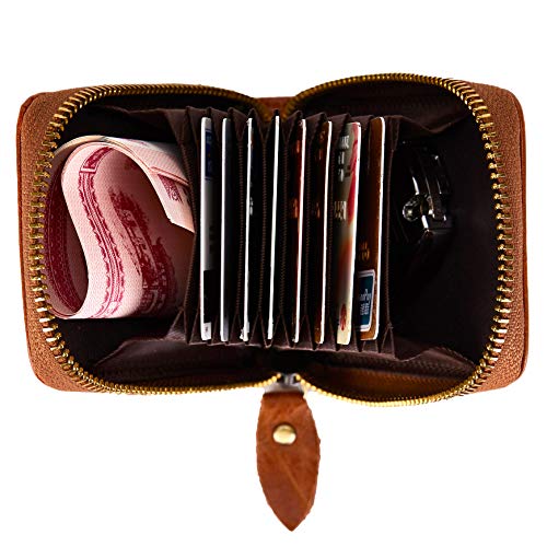 Image of Vintage Handmade Full Leather Front Pocket Wallet RFID Blocking Multi Card Case with Zipper Pocket for Men Women with Box Packing (Brown)