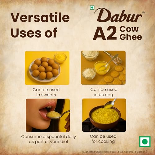 Image of Dabur A2 Cow Ghee - 500ml | Rich in Vitamin A & Antioxidant properties | Made with Bilona method | Helps balance Vata & Pitta Dosha | Crafted using milk from A2 desi cows | 100% pure