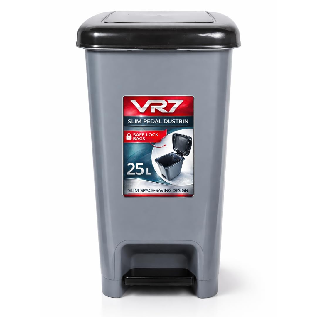 Slim Pedal Kitchen bin with Lid 25L Large Plastic Indoor/Outdoor Sanitary Garbage Clinical Waste Bin Living Room Grey Recycling Trash Garden Dustbin