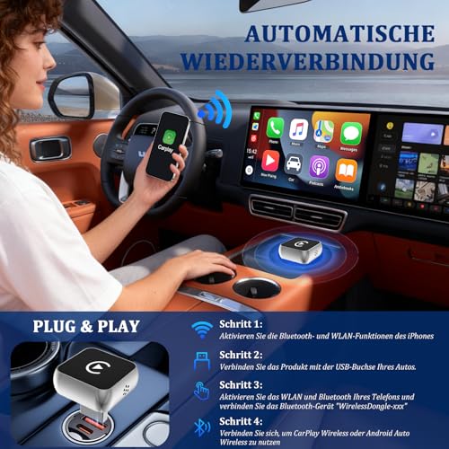 2 in 1 Carplay Wireless Adapter & Android Auto Adapter,USB-A/Typ-C Wired Auf Wireless Kompatibel Mit Für IPhone IOS 10+ e Android 11+,Schnelle Verbindung, Keine Verzögerun, Auto-Wiederverbindun