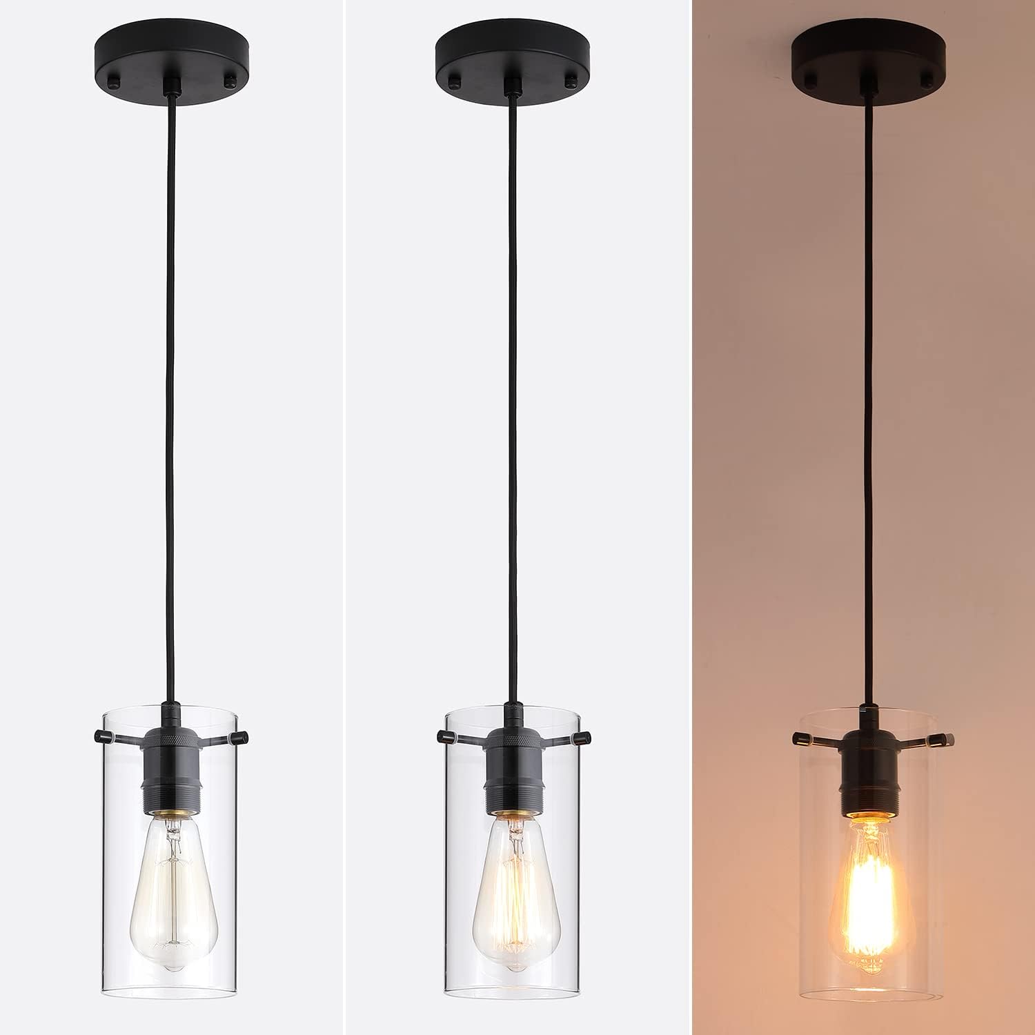 Industrial Transparent Pendant Light, Modern Small Cylindrical Glass Hanging Light Fixtures with Clear Lamp Shade, Adjustable Nylon Core Height Lighting for Kitchen Island 3 Packs(Bulb Not Included)