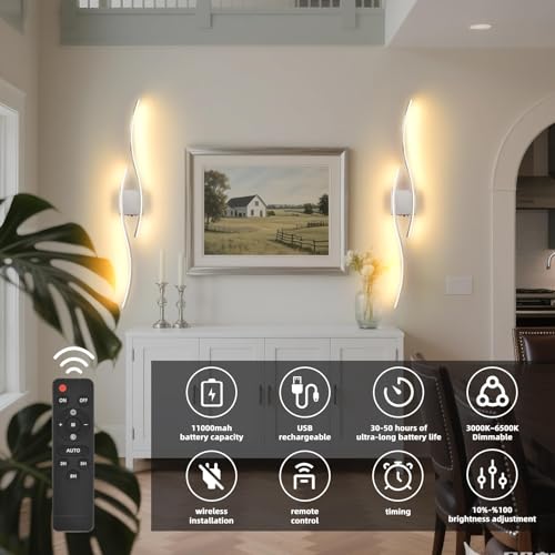 Image of Battery Operated Wall Sconce, Silver LED Battery Wall Light dimming with Remote Control, 39.4Inch Rechargeable Chrome Wireless Wall Lights for Living Room, Bedroom, and Stairs Wall Sconces (2 Pack)