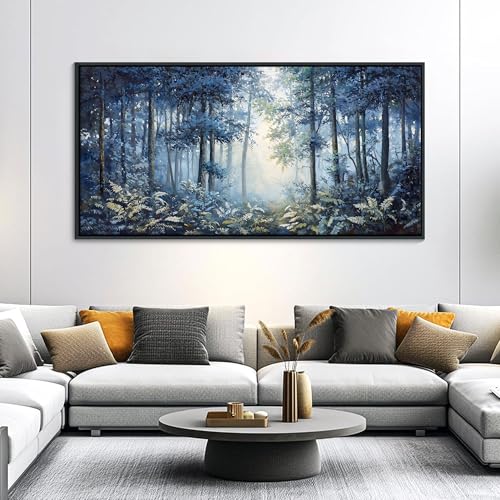 Image of Forest Canvas Wall Art for Living Room - Navy Blue Bedroom Wall Art, Landscape Pictures Wall Decor, Forest Painting, Framed Nature Tree Artwork Walls 29x58IN