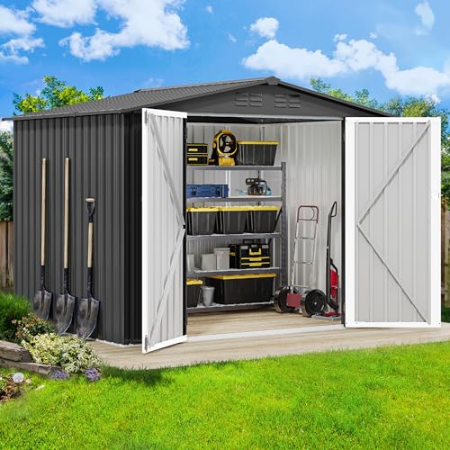 Image of DWVO 7x5ft Metal Outdoor Storage Shed, Waterproof Tool Shed Heavy-Duty Storage Unit with Lockable Door and Vents, Ideal for Bicycles, Tools, Lawnmowers, Backyards, Patios, Lawns - Dark Gray