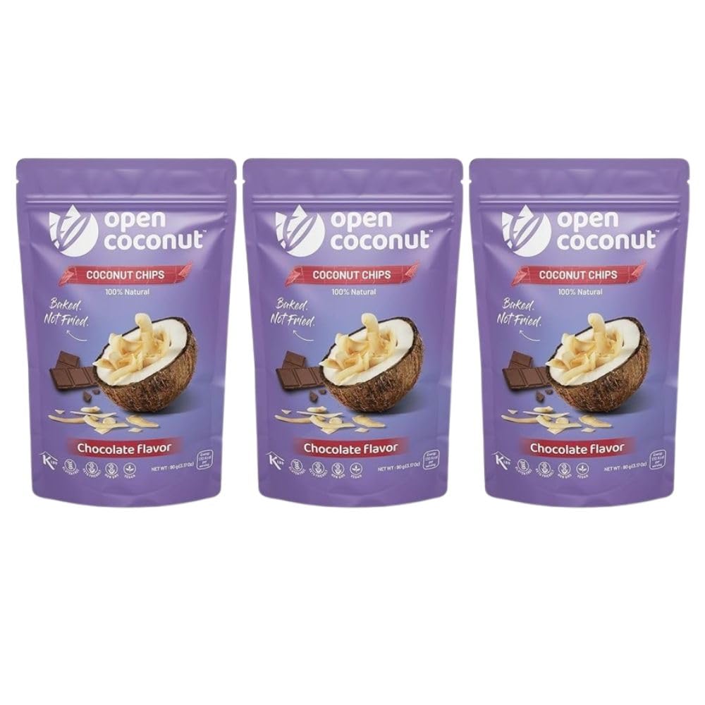 Open Coconut - Baked Coconut Chips with MCT Oil 90 gm Each Pack of 3| Chocolate Flavour | Tasty and Crispy | Snacks for Adults and Kids | No Preservatives | Vegan | Fresh and Delicious