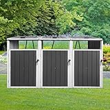 Royard Oaktree 3-Trash Can Metal Garbage Bin Shed - Outdoor Galvanized Steel Storage Shed with Lockable Lid & Ventilated Design for Garden, Yard, Pool Area, Grey