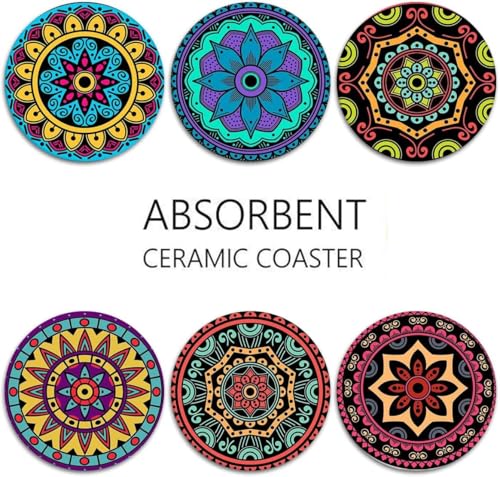 Image of Coaster for Drinks Set of 6, Mandala Flower Floral Retro Absorbent Round Wood Stone Mat, with Cork Base and Metal Holder, Gift for Housewarming Room Bar Decor