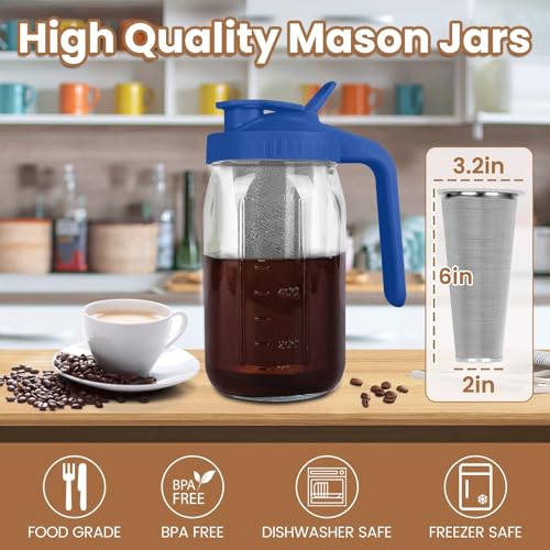 Image of Cold Brew Coffee Maker, 32oz Cold Brew Pitcher with Stainless Steel Super Dense Filter,BPA Free Sturdy Mason jar for Iced Coffee,Iced Tea, Lemonade-Blue
