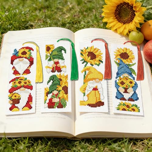 Image of ACRNIGHEET 6PCS Cross Stitch Bookmark Kit for Beginner Gnome Stamped Cross Stitch Kits Needlepoint Kit for Adults DIY Tassel Embroidery Bookmark Kits with Instructions Craft Gift 8.5 inchx3 inch 11CT