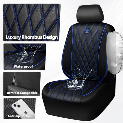 Image of CAR PASS Piping Luxury PU Leather Two Front Car Seat Covers,Waterproof Anti- Slip Seat Covers Compatible with Front Seat Armrests,Universal Fit for Suvs,Vans,Trucks,Airbag Compatible(Black and Blue)