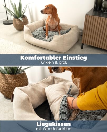 lionto Hundekörbchen mit flauschigem Wendekissen, kuscheliges Heimtierbett in meliertem Design mit tiefem Einstieg für Hunde & Katzen Aller Größen, 80x60 cm, weiches Hundebett, beige