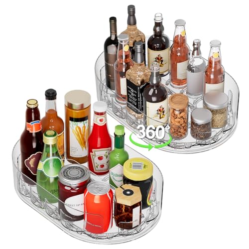 Holinwa Lazy Susan Organizer for Refrigerator, 13.5'' x 8.5'' Clear Rectangular Turntable Fridge Organizer for Condiments in Refrigerator, Cabinet, Pantry, or Kitchen Countertop (2 Pack)