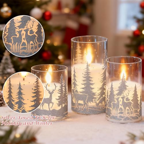 Image of Christmas Flameless Candles with Silver Reindeer Decals, 3 Pack LED Glass Battery Operated Candles with Remote Timer, Pillar Candles with Deer and Tree Pattern for Christmas Winter Decor