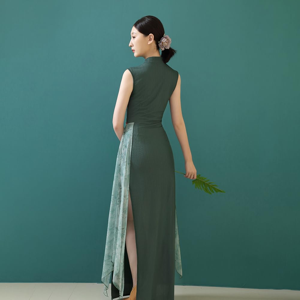 ROYAL SMEELA Cheongsam Sexy Vestiti Cheongsam Senza Maniche Colletto in Piedi Donna Abito Cheongsam Cinese Verde Abiti Qipao Cheongsam Costume Tradizionale Cinese Abito Qipao Lungo Vestito+Qipao