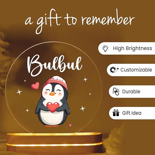 Image of PRINTHUA Personalized LED Night Table Lamp with Custom Name, Unique Gift for Women, Men, Kids, Girlfriend, Boyfriend, Husband, Wife | Perfect for Birthdays & Special Occasions (Cute Penguin)