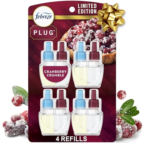 Febreze Plug-In Air Freshener, Odor-Fighting Scented Oil Refill for Home, Bathroom & Kitchen, Holiday Cranberry Crumble Scent, 0.87 oz Refills, 4 Count