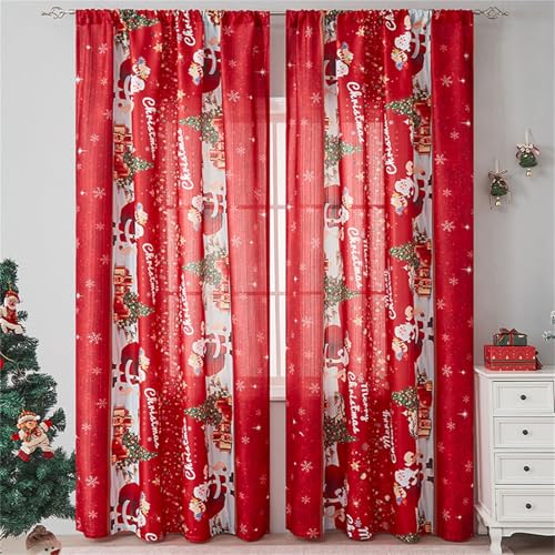 Odot Noël Rideau Voilage Semi Occultant Salon,Rideaux Voilages Passe Tringle Rideaux Voile Semi Transparent 2 Panneaux Rideau Occultant Fenêtre pour Décoration Chambre (Père Noël,140x220cm)