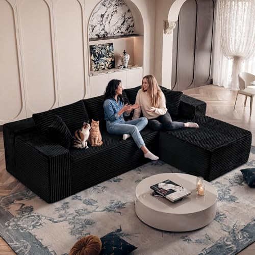 108” Modular Sectional Sofa, Left Facing Chaise (Sitting: Chaise on Your Left), Black Corduroy...