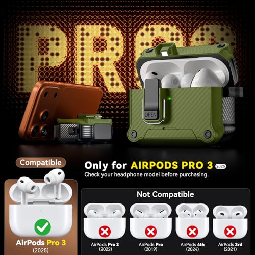 Image of Inesore for AirPods Pro 3 Case with Secure Lock (Dark Green) | Phone Stand Design,Compatible with MagSafe,Automatic Snap Switch Secure Cover Carbon Fiber Texture with Cleaner Kit