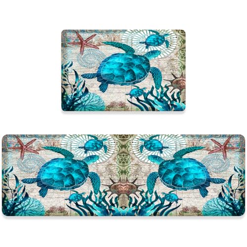 Sea Turtle Kitchen Rug Sets of 2,Anti Fatigue Cushioned Kitchen Rugs and Mats Coastal Bathroom Runner Rug Blue Turtles Beach Ocean Teal Marine Animal Nautical Floor Mat Non-Slip Washable Chef Sink Mat