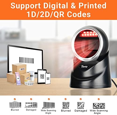 Tera Pro 2D QR Desktop Barcode Scanner Omnidirectional Adjustable Scan Head, USB Wired Handsfree Platform Automatic Bar Code Reader for Market Retail Store Phone Screen Payment, 9100
