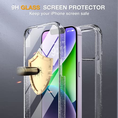Miracase Glass Series Designed For Iphone 14 Case 6.1 Inch, 2023 Upgrade Full-Body Clear Bumper Case With Built-In 9H Tempered Glass Screen Protector And 2 Pcs Camera Lens Protector,Clear Glitter #TOP4