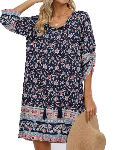 Hotouch 2026 Women's Bathing Suit Cover Up V-Neck Coverups Swimwear Swimsuit Loose Summer Beach Dress Beachwear Navy Blue L