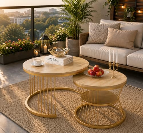 Image of The Round Coffee Table and The Stacking Tea Table with a Gold Metal Frame are Two Versatile Modern Center Tables that Look Great in Living Rooms (Cream Gold)