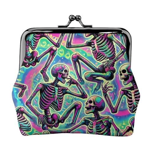 Pu Leather Buckle Coin Purse Psychedelic-Halloween-Skeletons Girls Kiss-Lock Change Purse Wallets
