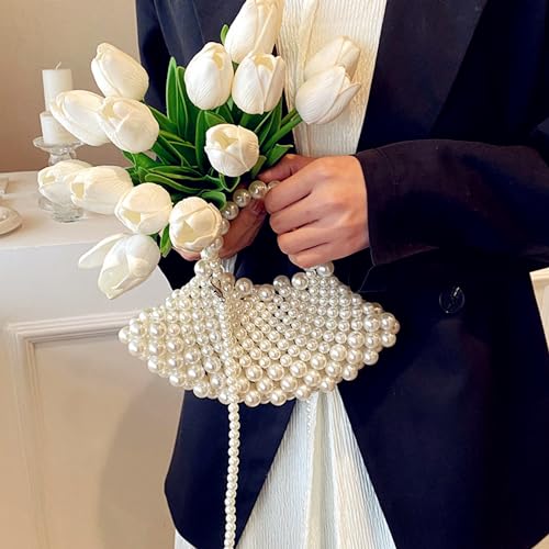 Image of Cute White Pearl Clutch Purse Bag For Women Evening Handbags Small Crossbody Handle Beaded Purses