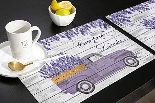 Lavender Placemats For Dining Table Set Of 6 Farmhouse Lavender Flowers Purple Truck Table Mats Stain Resistant Heat Insulation Non-Slip Washable Table Decoration For Kitchen #TOP6