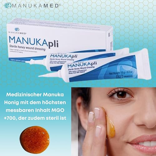 ManukaMed MANUKApli Wund und Heilsalbe schnelle Heilung Steriler Wund Creme Wundsalbe medizinischer Honig MGO+700 antibakteriel Wundgel 100% Bioaktiv Manuka (2x15 g)
