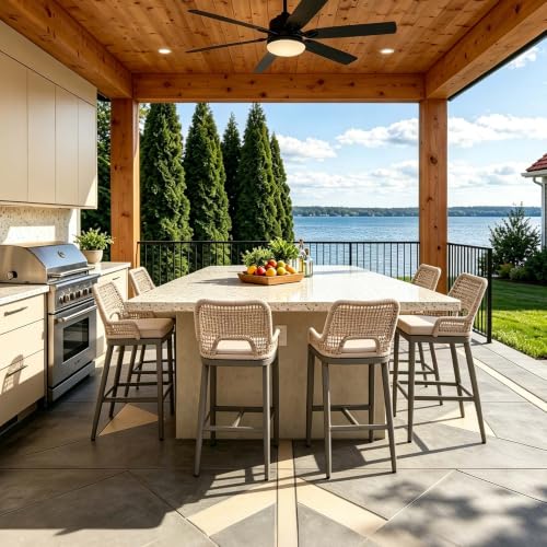 Image of PURPLE LEAF Bar Stools Set of 4 Bar Height Metal Bar Chairs with Back Modern Tall Comfy Wicker Woven Boho Garden Pool Patio Outdoor Barstools, Light Grey