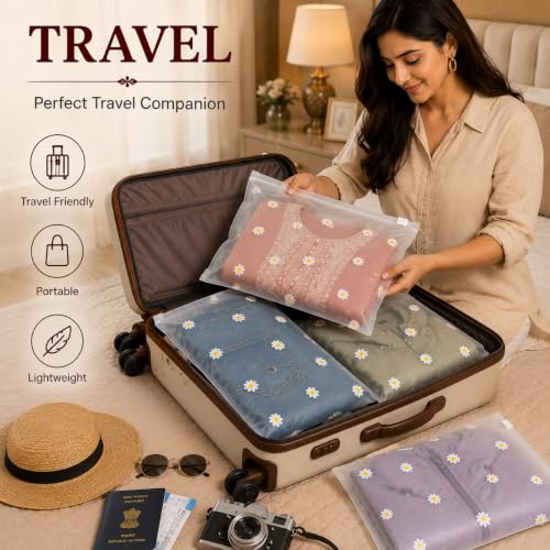 Image of PulGos 12 Pcs, 45 x 35 Cm Saree Cover for Storage | Floral Printed With Zip | Frosted Transparent Bags | Multipurpose Bag for Clothes & Accessories | Packing Covers for Wardrobe Organizer & Traveling