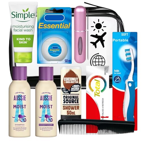 Womens Essential Travel Toiletry Kit TSA Approved Clear Bag with Shampoo Conditioner Coconut Shower Gel Toothbrush & Case Toothpaste Facial Wash Comb & Perfume Atomiser