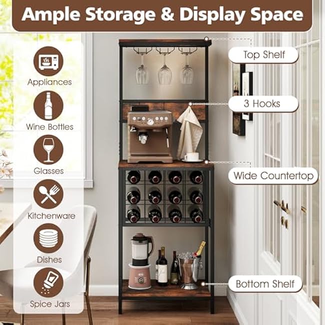 Giantex Tall Wine Rack Freestanding Floor, Wine Bar Cabinet w/ 3 Glass Racks, 12 Bottle Holders, 3 Hooks, Coffee Bar Liquor Cabinet, Industrial Kitchen Bakers Rack for Home, Dining Room, Rustic Brown