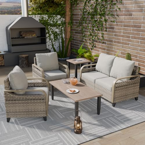 COOS BAY Modern Wicker Outdoor Patio Furniture Set, Patio Conversation Set with Patio Chairs, 2 Seat Loveseat, Coffee Table and Side Table, 5 Piece, Brown/Gray - Thumbnail 5