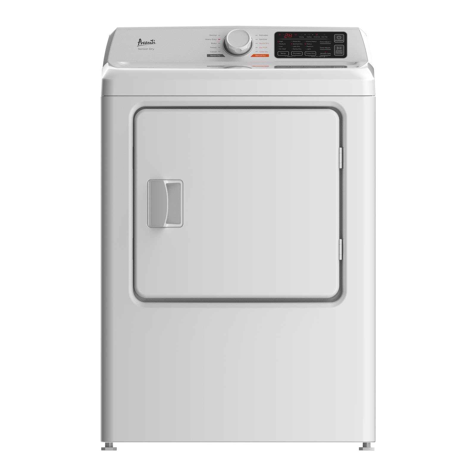 Secadora de ropa a gas natural de carga frontal independiente Avanti SGD67D0WG SGD67, tamaño completo, 10 ciclos automáticos con configuraciones de secado y opción de puerta reversible, 6,7 pies cúbicos, color blanco