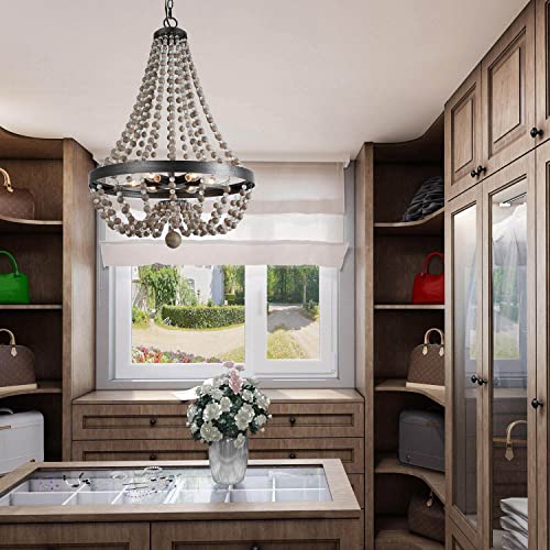 Laluz Farmhouse Chandelier, Boho Light Fixture For Dining Room, Bedroom, Handmade Wood Beads, 6-Light, 28.3" H X 20.1" W #TOP3