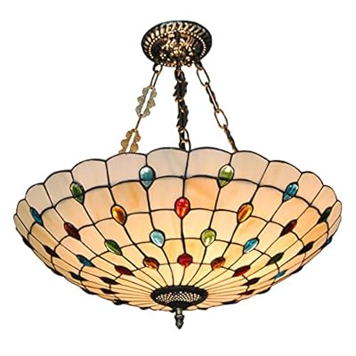 YIYIBYUS 20 Inch Ceiling Light Vintage 5 Light Stained Glass Ceiling Chandelier Peacock Green Semi-Flush Mount Close to Ceiling Lighting Fixture for Living Dining Room, Bedroom (Bulb Not Included)