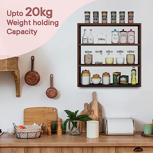 Image of Kuber Industries Kitchen Wall Shelf|Wooden Handicraft Wall Mounted 3 Shelves for Kitchen|Multipurpose Storage Wall Shelf,30 inchX30 inch (Brown)