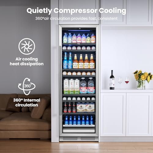 Image of Yeego 24 Inch Large Capacity Beverage Refrigerator, 378 Cans Beverage Cooler with Glass Door & Lock, Built-In or Freestanding Drink Fridge for Soda, Beer & Wine, Office, Bar or Entertainment Area