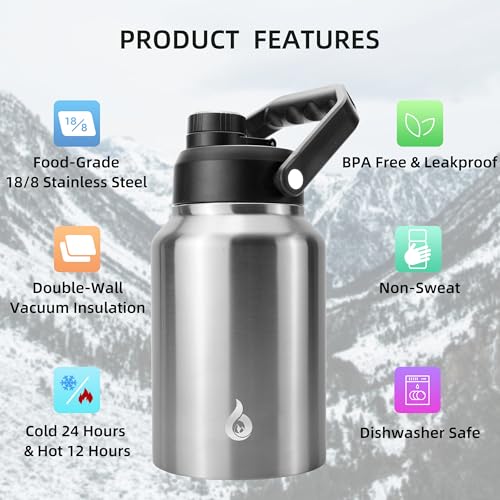 Image of BJPKPK 64oz Insulated Water Bottle, Half Gallon Stainless Steel Water Jug