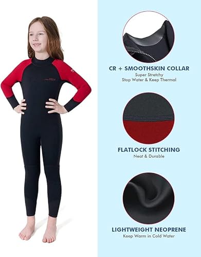 Dark Lightning 3/2Mm Kids Wetsuit For Boys And Girls, Neoprene Thermal Swimsuit, Toddler/Junior/Youth One Piece Wet Suits For Scuba Diving,Red/Size 10 #TOP2