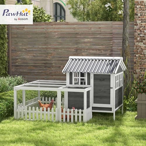 Image of PawHut Wooden Chicken Coop with Run for 1-2 Chickens, Hen House with Nesting Box, Removable Tray, Fence, Outdoor Poultry Cage, 68 inch x 59 inch x 42 inch, Gray
