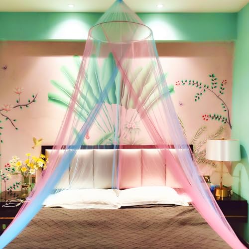 Image of Two-Tone Bed Canopy Mosquito Net, Bed Canopy for Girls Room Decor - Insect Protection Hanging Canopy for Indoor(Pink+Blue)