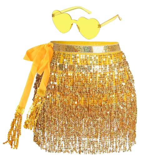 Jupe à paillettes pour femmes, jupe à franges avec lunettes hippie, courte jupe latine mini, costume de danse du ventre, costume rave pour femmes et filles, or, taille unique