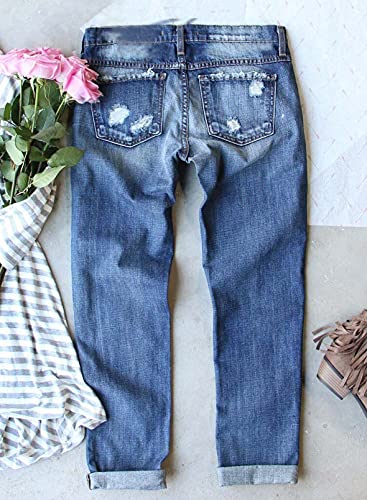 Sidefeel Womens Ripped Leopard Floral Patchwork Jeans Destroyed Slim Fit Denim Pants Small Sky Blue #TOP2