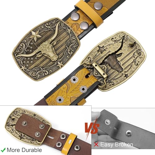 Image of SANSTHS Western Cowboy Belts for Men Women, Mens Western Belt Bull Buckle Country Belt Cowboy Leather Belt for Jeans