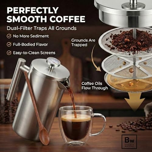 Image of Barista Warrior French Press Coffee Maker - Double-Wall Stainless Steel Insulated French Press with Built-In Thermometer, Dual Filters Coffee Maker with Wooden Spoon - Silver
